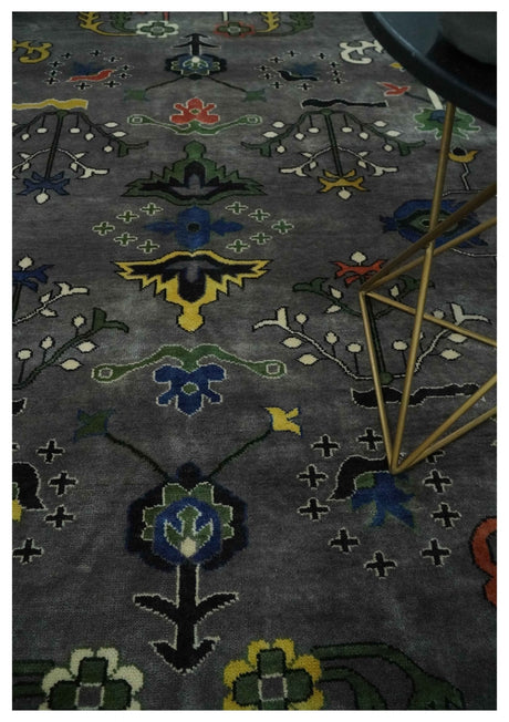 Premium look Vibrant Colorful Charcoal, Blue and Ivory Hand knotted Traditional Floral 8x10 wool Area Rug