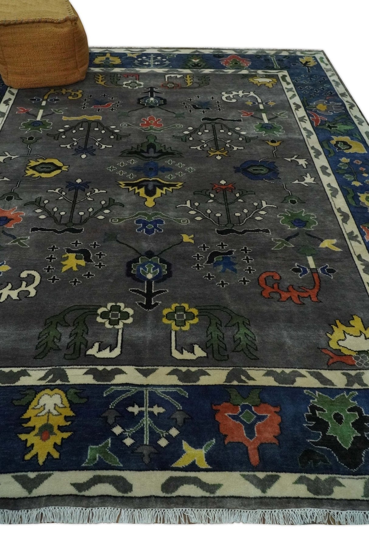 Premium look Vibrant Colorful Charcoal, Blue and Ivory Hand knotted Traditional Floral 8x10 wool Area Rug