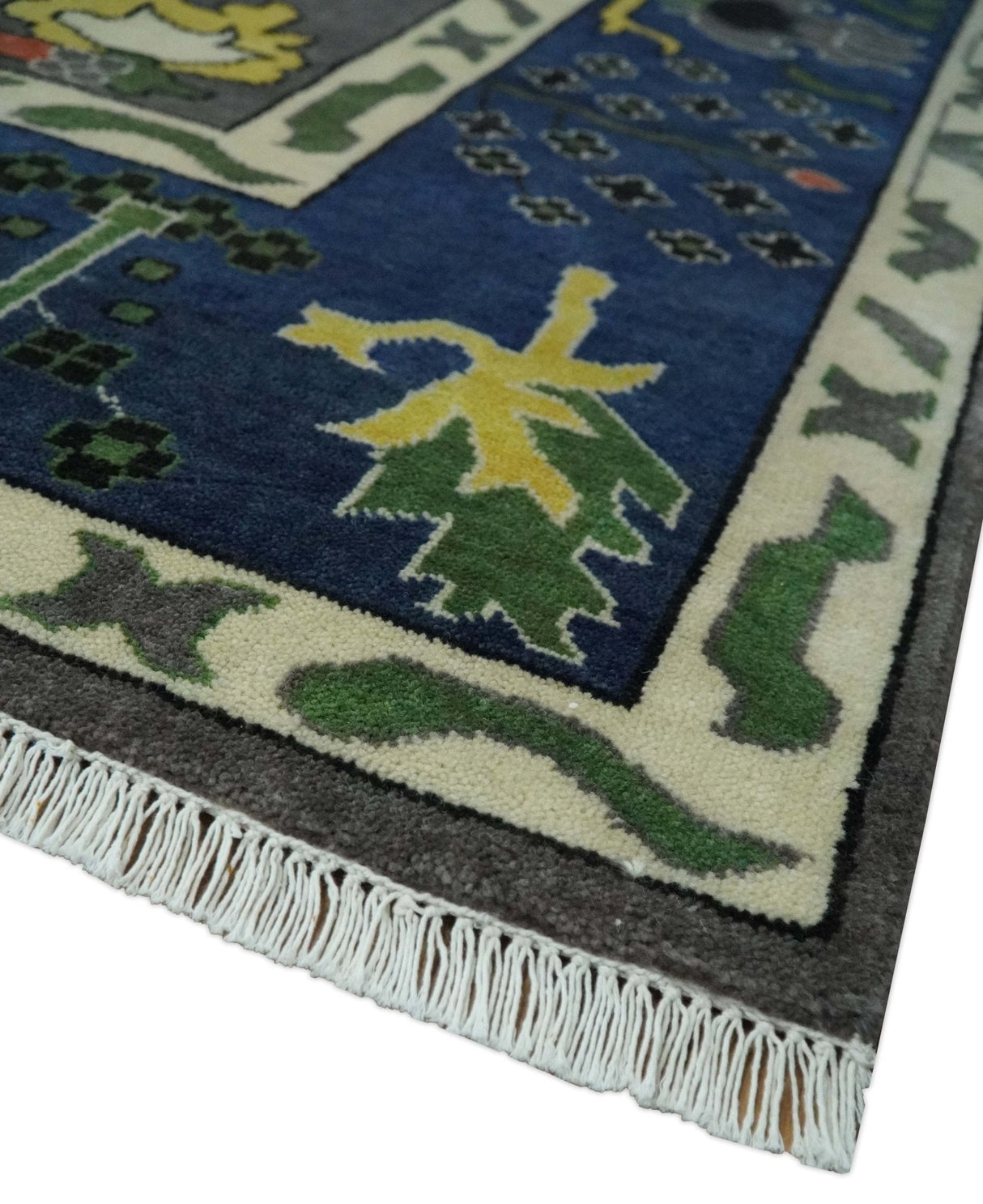 Premium look Vibrant Colorful Charcoal, Blue and Ivory Hand knotted Traditional Floral 8x10 wool Area Rug