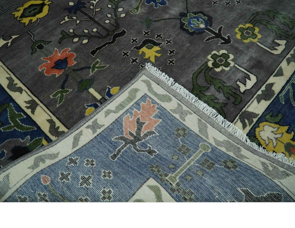 Premium look Vibrant Colorful Charcoal, Blue and Ivory Hand knotted Traditional Floral 8x10 wool Area Rug