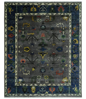 Premium look Vibrant Colorful Charcoal, Blue and Ivory Hand knotted Traditional Floral 8x10 wool Area Rug