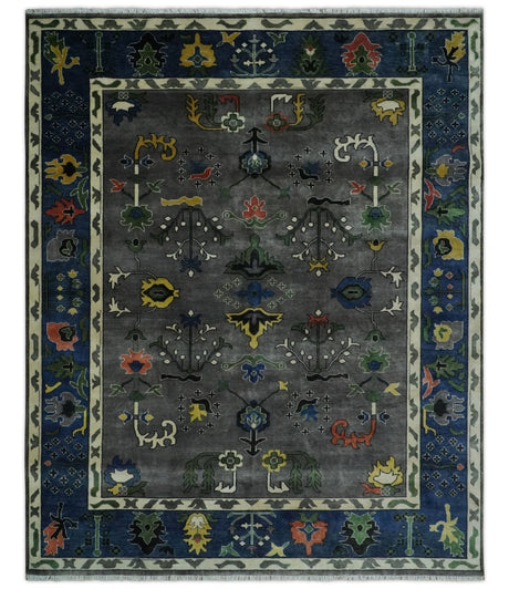 Premium look Vibrant Colorful Charcoal, Blue and Ivory Hand knotted Traditional Floral 8x10 wool Area Rug