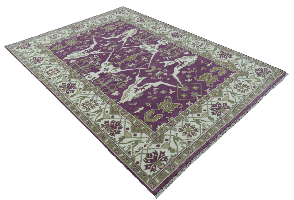 Purple, Ivory And Beige Traditional Oushak Design Hand Knotted 9x13 wool area rug
