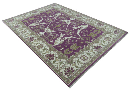 Purple, Ivory And Beige Traditional Oushak Design Hand Knotted 9x13 wool area rug