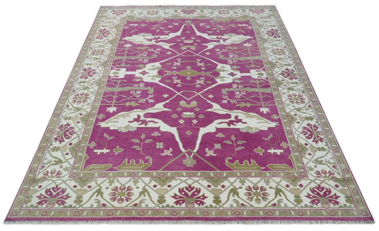 Purple, Ivory and Olive Traditional Hand knotted Oriental Oushak 9x12 wool Area Rug