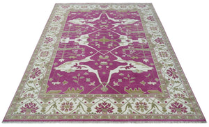 Purple, Ivory and Olive Traditional Hand knotted Oriental Oushak 9x12 wool Area Rug