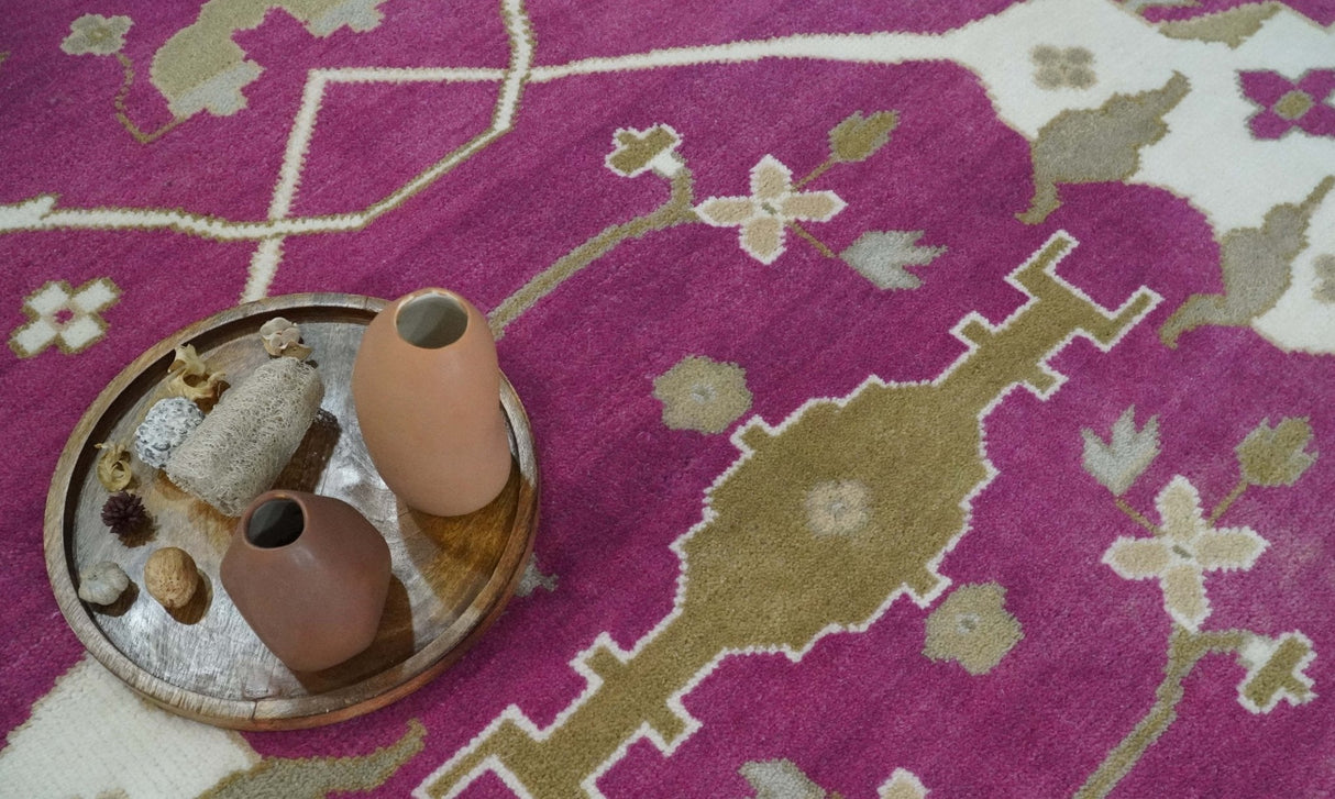 Purple, Ivory and Olive Traditional Hand knotted Oriental Oushak 9x12 wool Area Rug