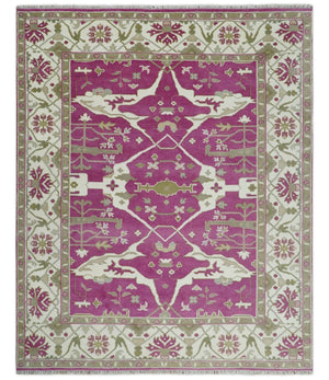 Purple, Ivory and Olive Traditional Hand knotted Oriental Oushak 9x12 wool Area Rug