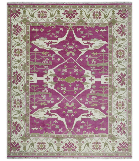 Purple, Ivory and Olive Traditional Hand knotted Oriental Oushak 9x12 wool Area Rug