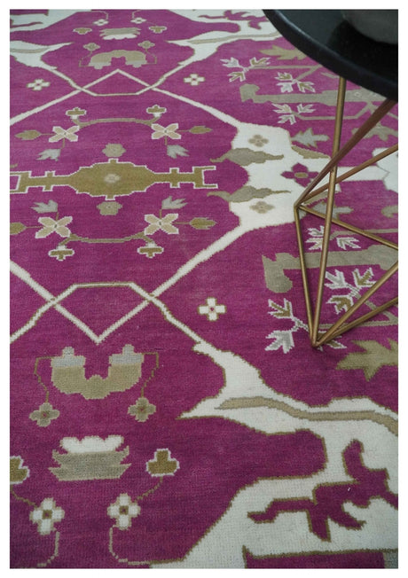 Purple, Ivory and Olive Traditional Hand knotted Oriental Oushak 9x12 wool Area Rug