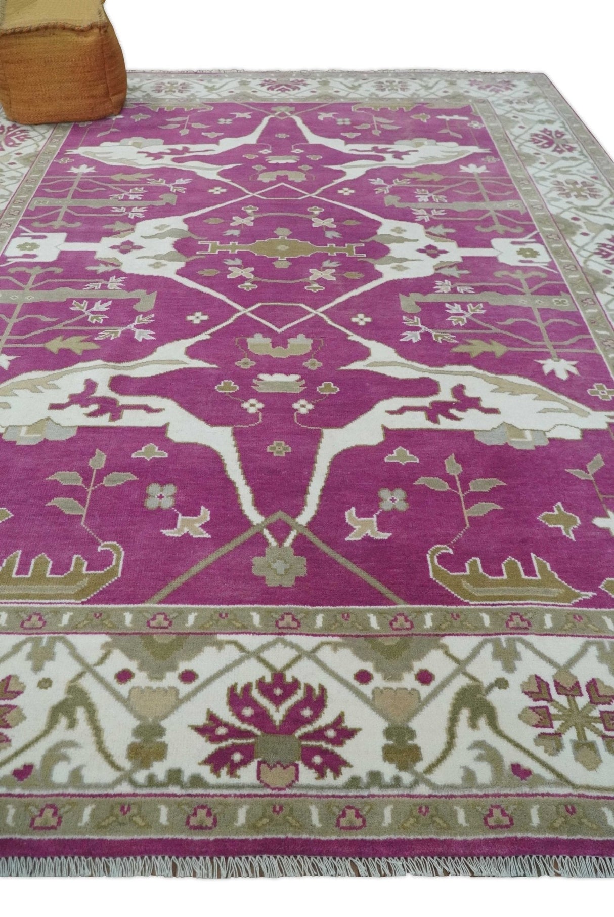Purple, Ivory and Olive Traditional Hand knotted Oriental Oushak 9x12 wool Area Rug