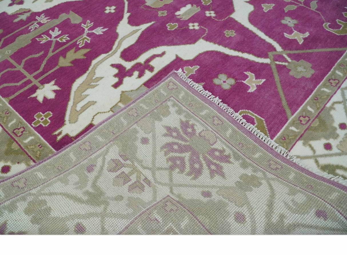 Purple, Ivory and Olive Traditional Hand knotted Oriental Oushak 9x12 wool Area Rug