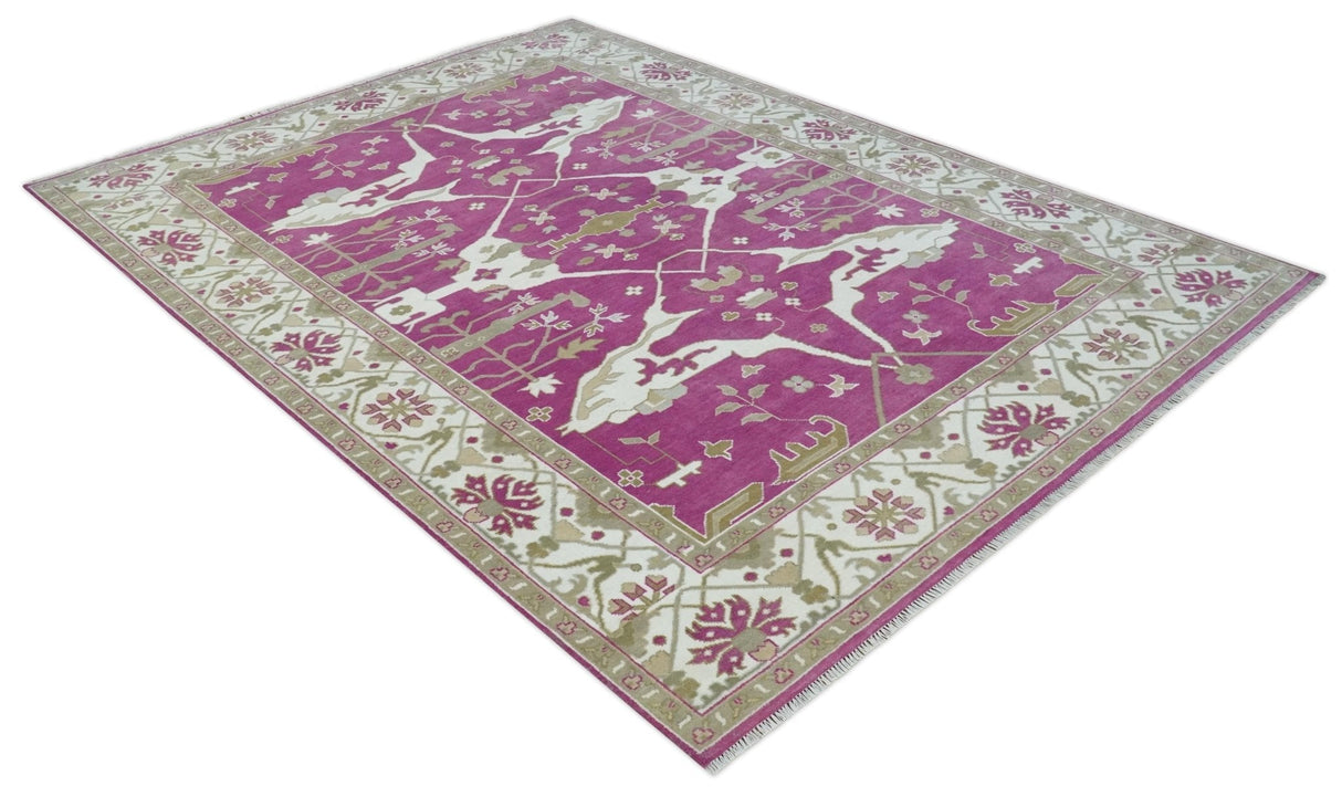 Purple, Ivory and Olive Traditional Hand knotted Oriental Oushak 9x12 wool Area Rug