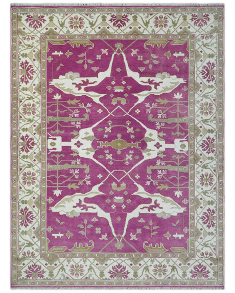 Purple, Ivory and Olive Traditional Hand knotted Oriental Oushak 9x12 wool Area Rug