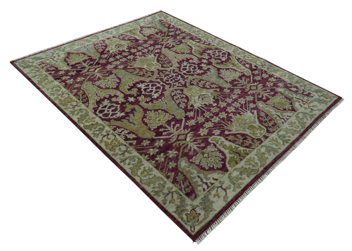 Purple and Olive 8x10 Traditional Dragon Oushak Design Hand knotted wool area rug