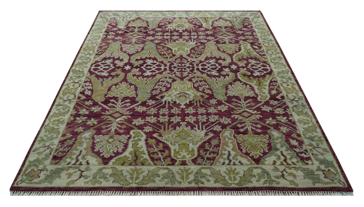 Purple and Olive 8x10 Traditional Dragon Oushak Design Hand knotted wool area rug