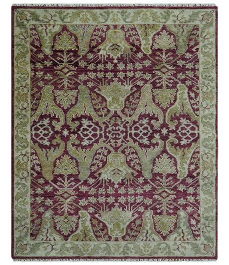 Purple and Olive 8x10 Traditional Dragon Oushak Design Hand knotted wool area rug