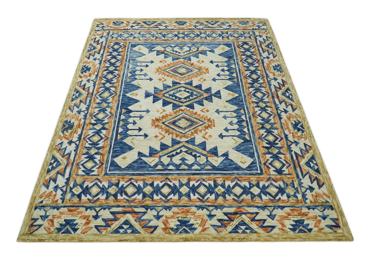 Ready To Ship Bohemian Southwestern Hand Tufted Blue, Gold and Beige Wool Rug