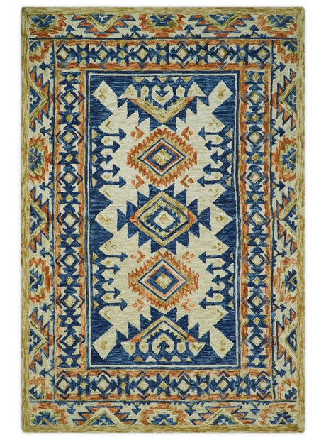 Ready To Ship Bohemian Southwestern Hand Tufted Blue, Gold and Beige Wool Rug