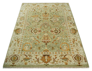 Ready to Ship 8x10, 9x12,10x14 Hand Knotted Green and beige Traditional Vintage Style Antique Wool Rug