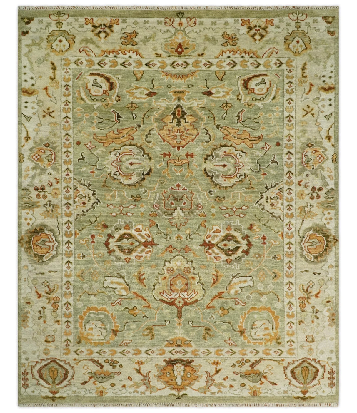 Ready to Ship 8x10, 9x12,10x14 Hand Knotted Green and beige Traditional Vintage Style Antique Wool Rug