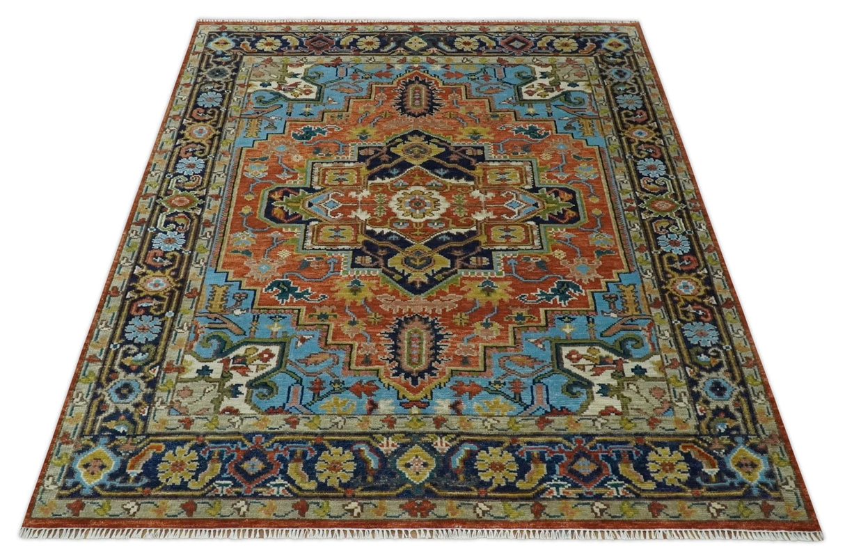 Ready to Ship 8x10 Rust and Blue Traditional Hand Knotted Wool Area Rug