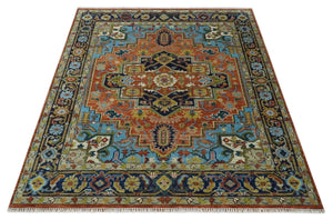 Ready to Ship 8x10 Rust and Blue Traditional Hand Knotted Wool Area Rug