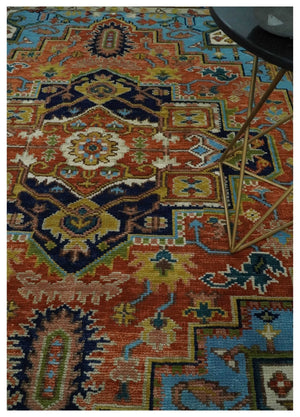 Ready to Ship 8x10 Rust and Blue Traditional Hand Knotted Wool Area Rug