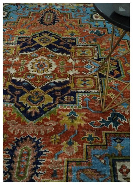 Ready to Ship 8x10 Rust and Blue Traditional Hand Knotted Wool Area Rug