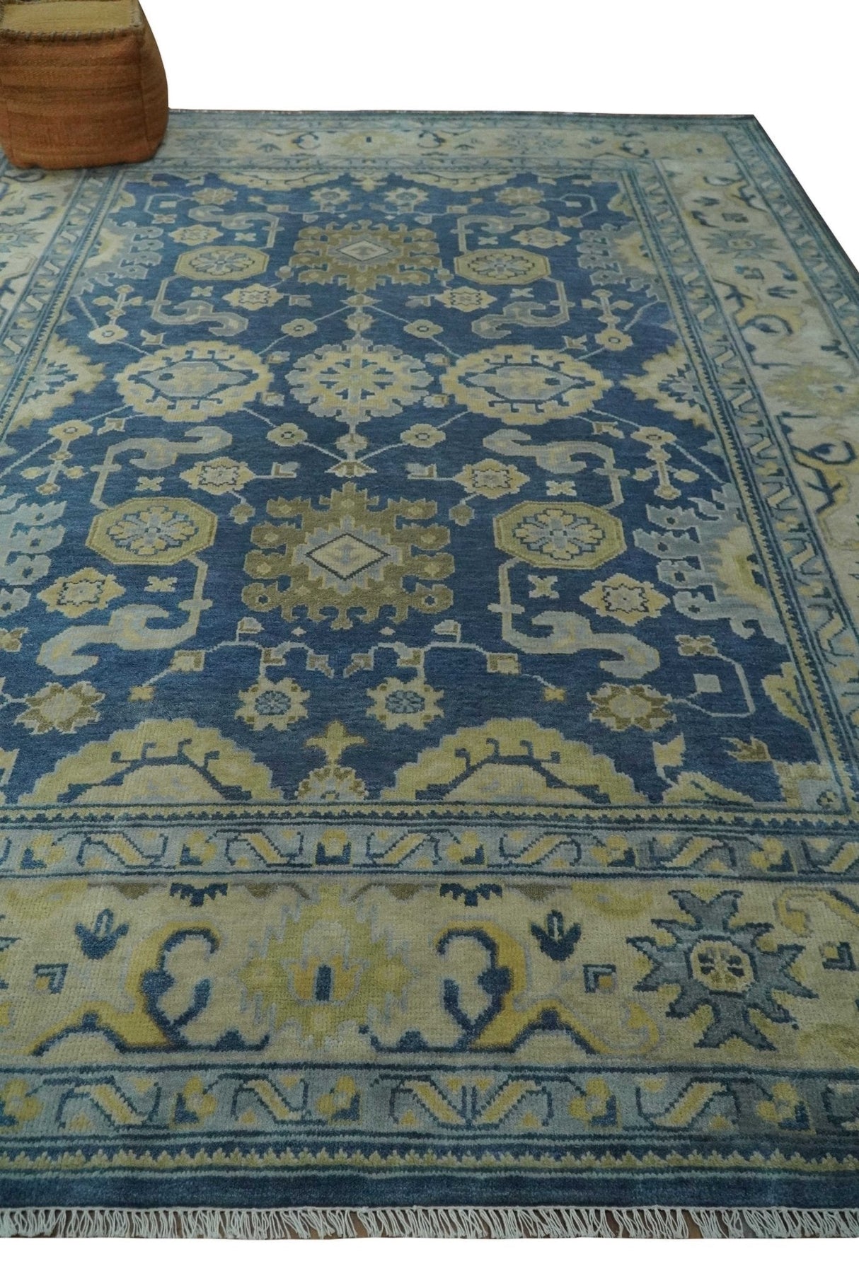 Ready to Ship 9x12 Hand Knotted Blue and Beige Traditional Oushak Wool Rug