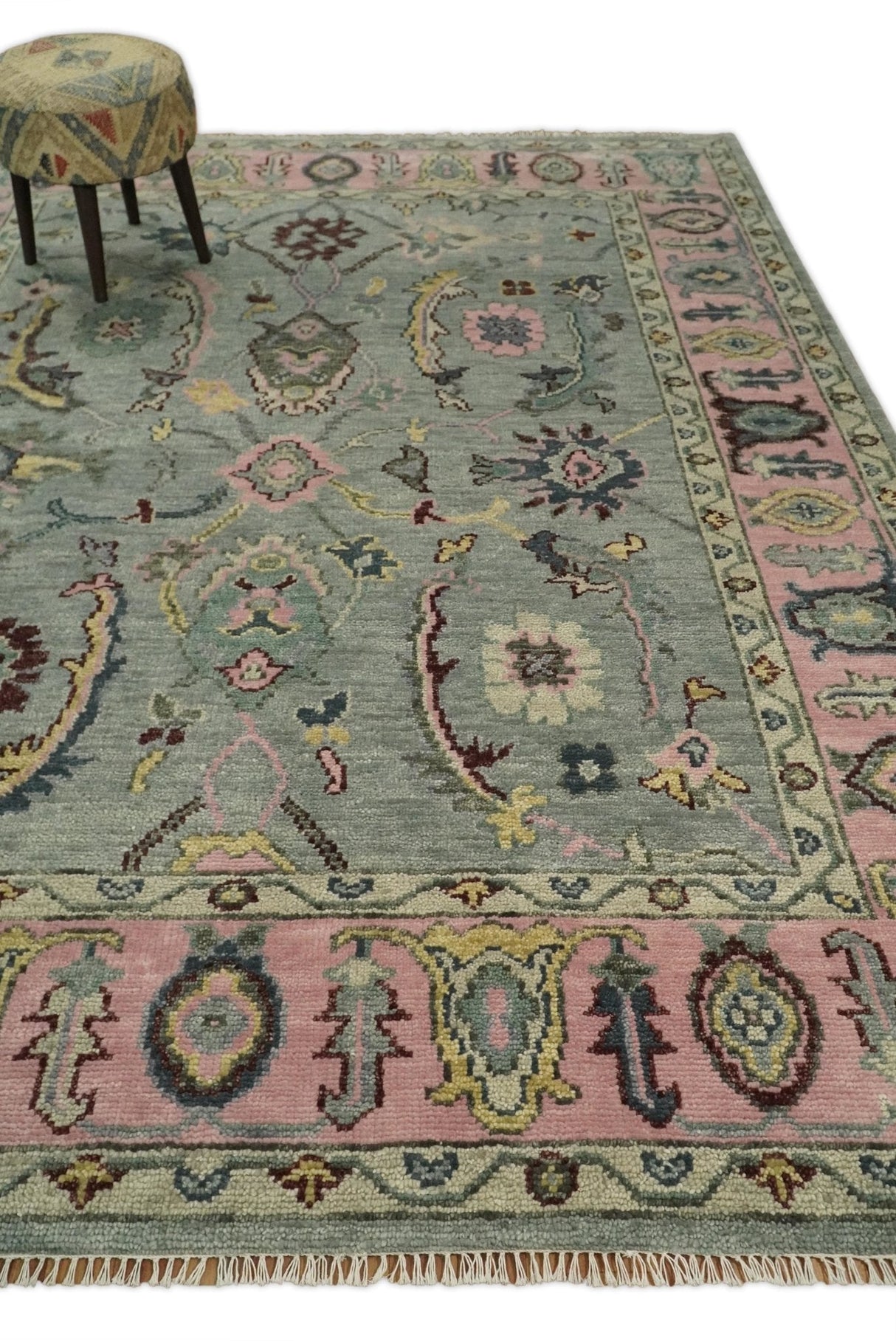 Ready to Ship Aqua and Pink Traditional Oushak Wool Area Rug