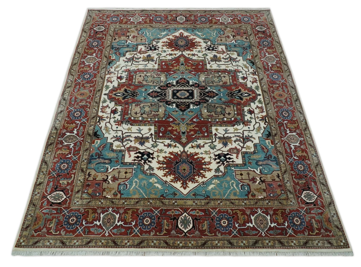 Ready to Ship Blue, Rust and Ivory 8x10 Hand knotted Traditional Wool Area Rug