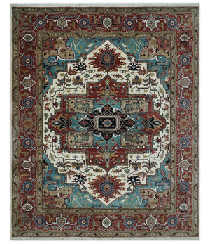 Ready to Ship Blue, Rust and Ivory 8x10 Hand knotted Traditional Wool Area Rug