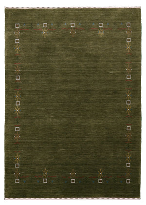 Ready to Ship Green Tribal Border Design Hand Loomed Wool Area Rug