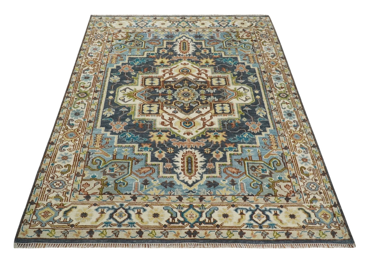 Ready to Ship Hand Knotted Antique Style Turkish Heriz Medallion Ivory and Blue Wool Rug