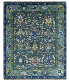 Ready to Ship Hand Knotted Green Moss and Blue Traditional Turkish Design Wool Rug