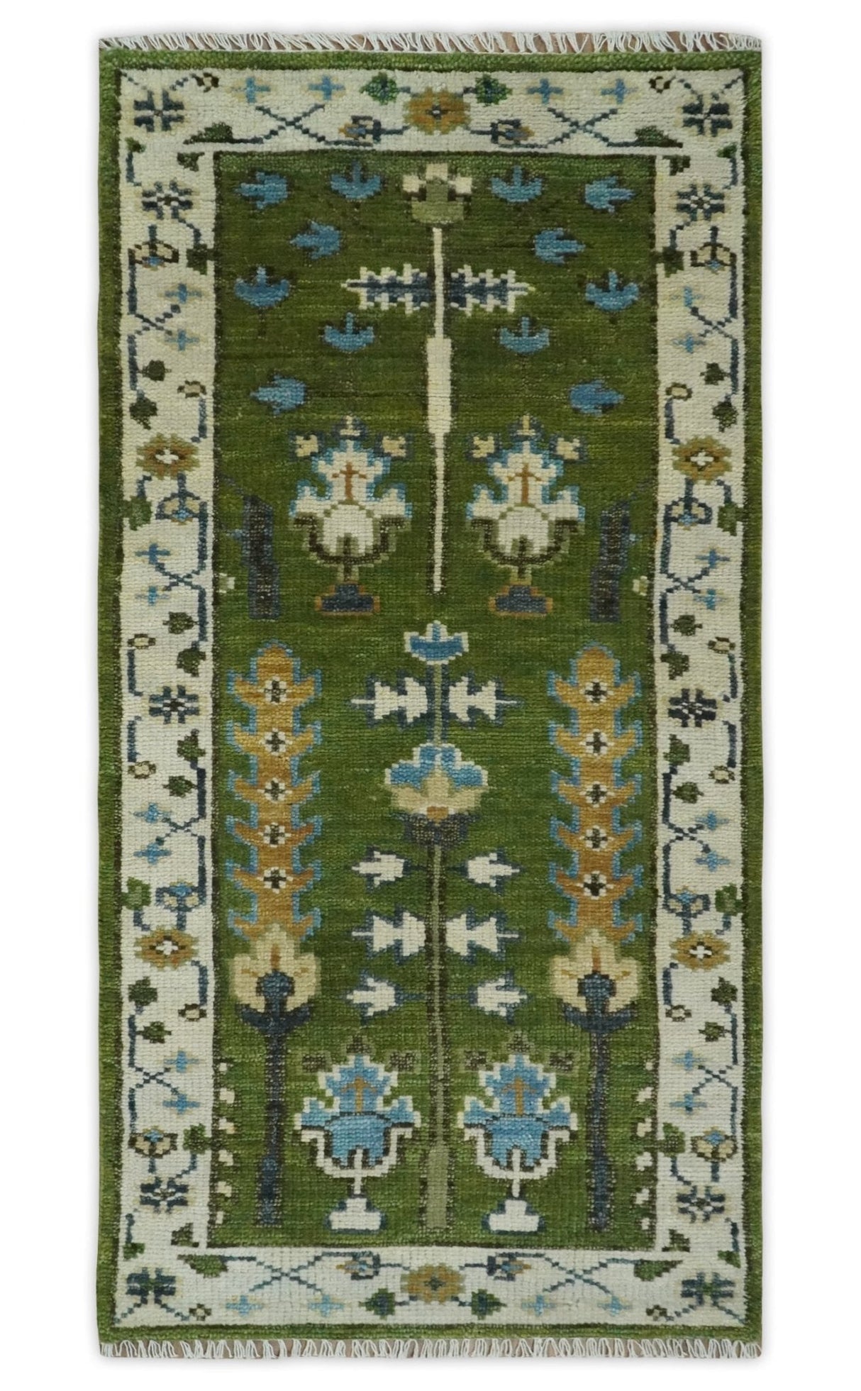 Ready to Ship Hand Knotted Green and Ivory Traditional Wool Area Rug