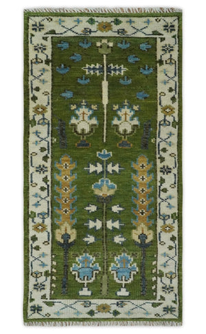 Ready to Ship Hand Knotted Green and Ivory Traditional Wool Area Rug