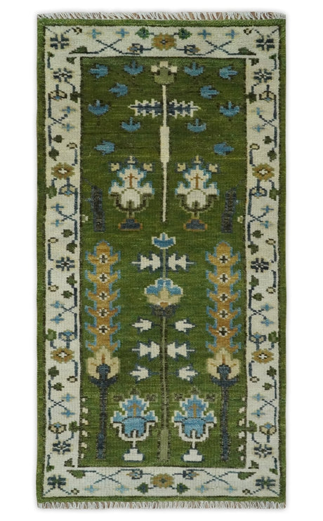 Ready to Ship Hand Knotted Green and Ivory Traditional Wool Area Rug