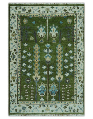 Ready to Ship Hand Knotted Green and Ivory Traditional Wool Area Rug