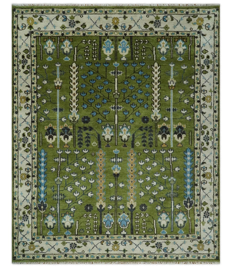 Ready to Ship Hand Knotted Green and Ivory Traditional Wool Area Rug