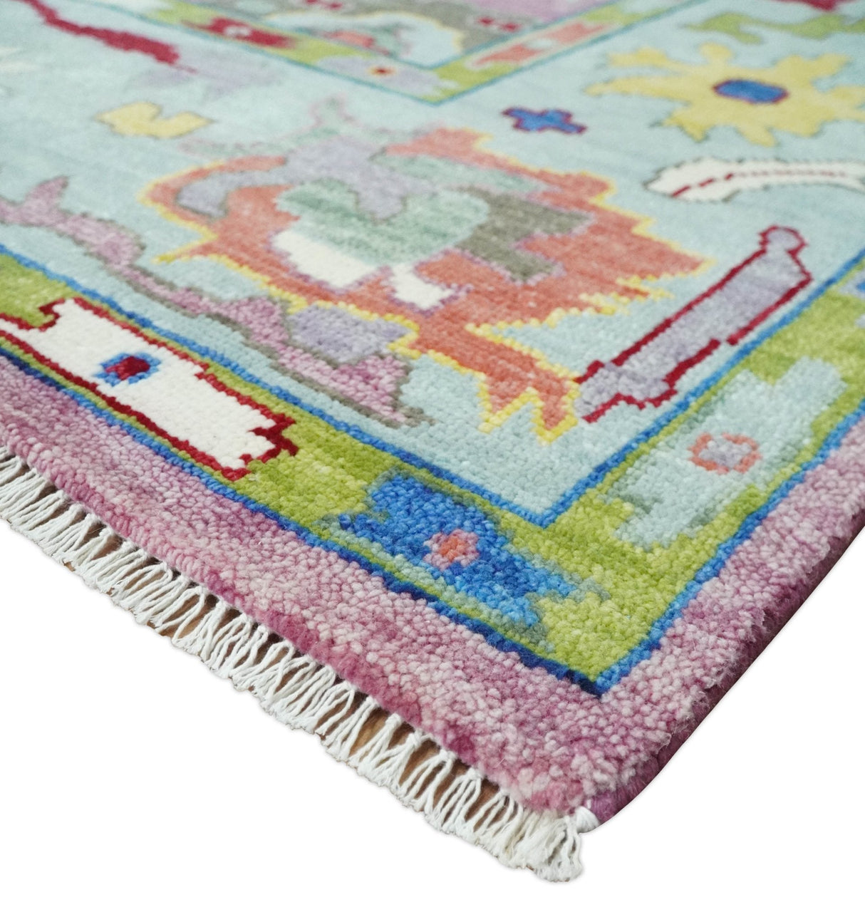 Ready to Ship Pink Modern Oushak Rug Wool Blue Colorful Hand knotted Area Rug