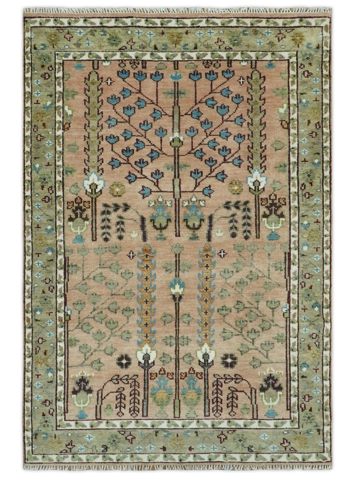Ready to Ship Pink, Olive and Beige Traditional Vintage Style Tree Wool Rug