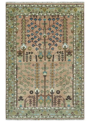 Ready to Ship Pink, Olive and Beige Traditional Vintage Style Tree Wool Rug