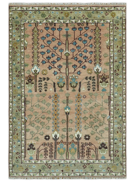 Ready to Ship Pink, Olive and Beige Traditional Vintage Style Tree Wool Rug