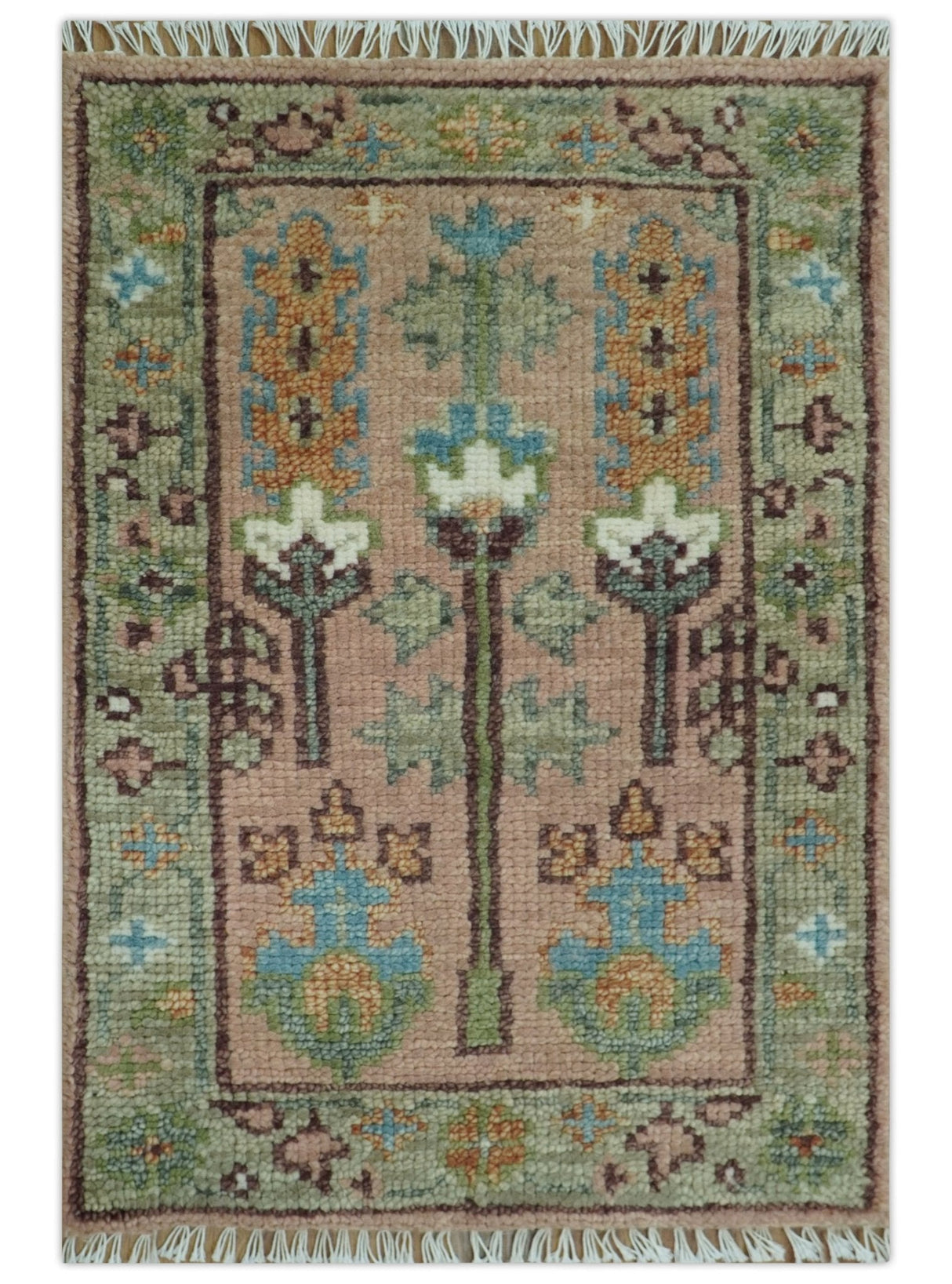 Ready to Ship Pink, Olive and Beige Traditional Vintage Style Tree Wool Rug