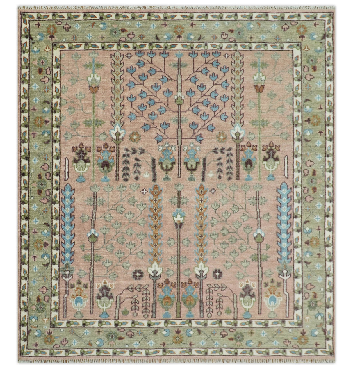 Ready to Ship Pink, Olive and Beige Traditional Vintage Style Tree Wool Rug
