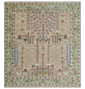Ready to Ship Pink, Olive and Beige Traditional Vintage Style Tree Wool Rug