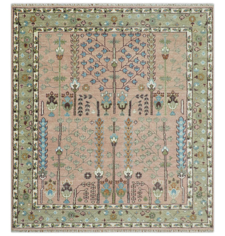 Ready to Ship Pink, Olive and Beige Traditional Vintage Style Tree Wool Rug