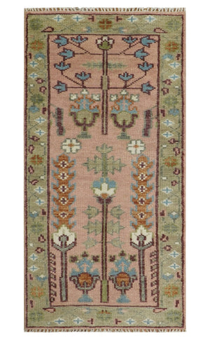 Ready to Ship Pink, Olive and Beige Traditional Vintage Style Tree Wool Rug
